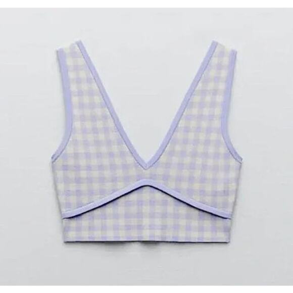 New NWT Zara Purple White Gingham Print Soft Sweater Style Crop‎ Top Large - Picture 1 of 9